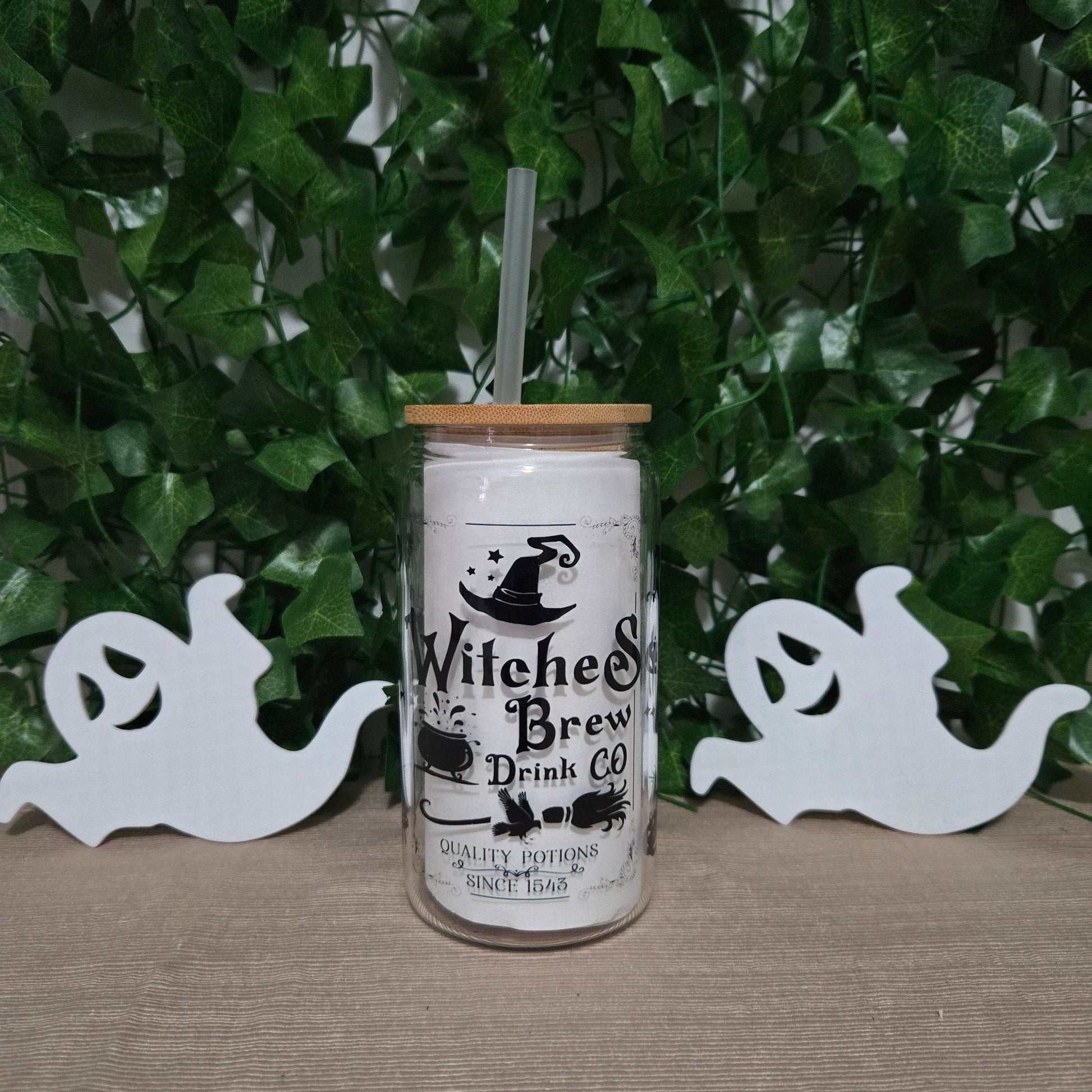 Witches Brew Drink Co. Halloween 16oz Glass Jar Clear or Frosted - Vegas Custom Creations