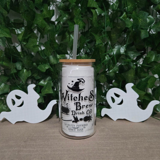Witches Brew Drink Co. Halloween 16oz Glass Jar Clear or Frosted - Vegas Custom Creations