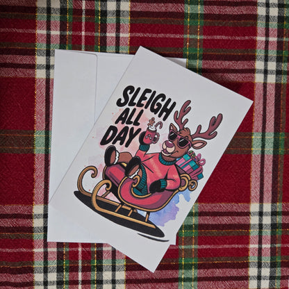 5-Pack Reindeer Sleigh All Day Christmas Cards – 4x6 with Envelopes & Stickers