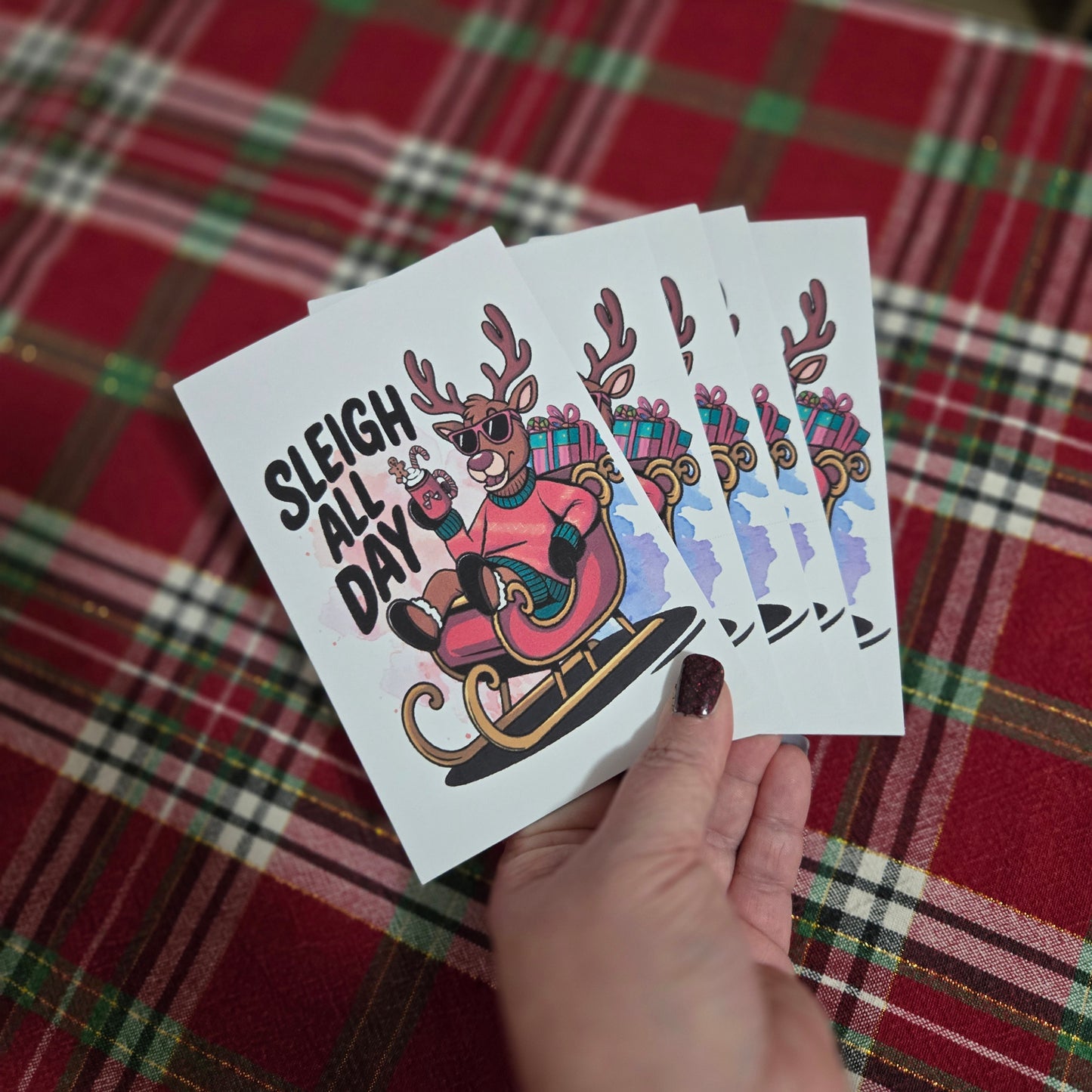 5-Pack Reindeer Sleigh All Day Christmas Cards – 4x6 with Envelopes & Stickers