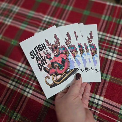 5-Pack Reindeer Sleigh All Day Christmas Cards – 4x6 with Envelopes & Stickers
