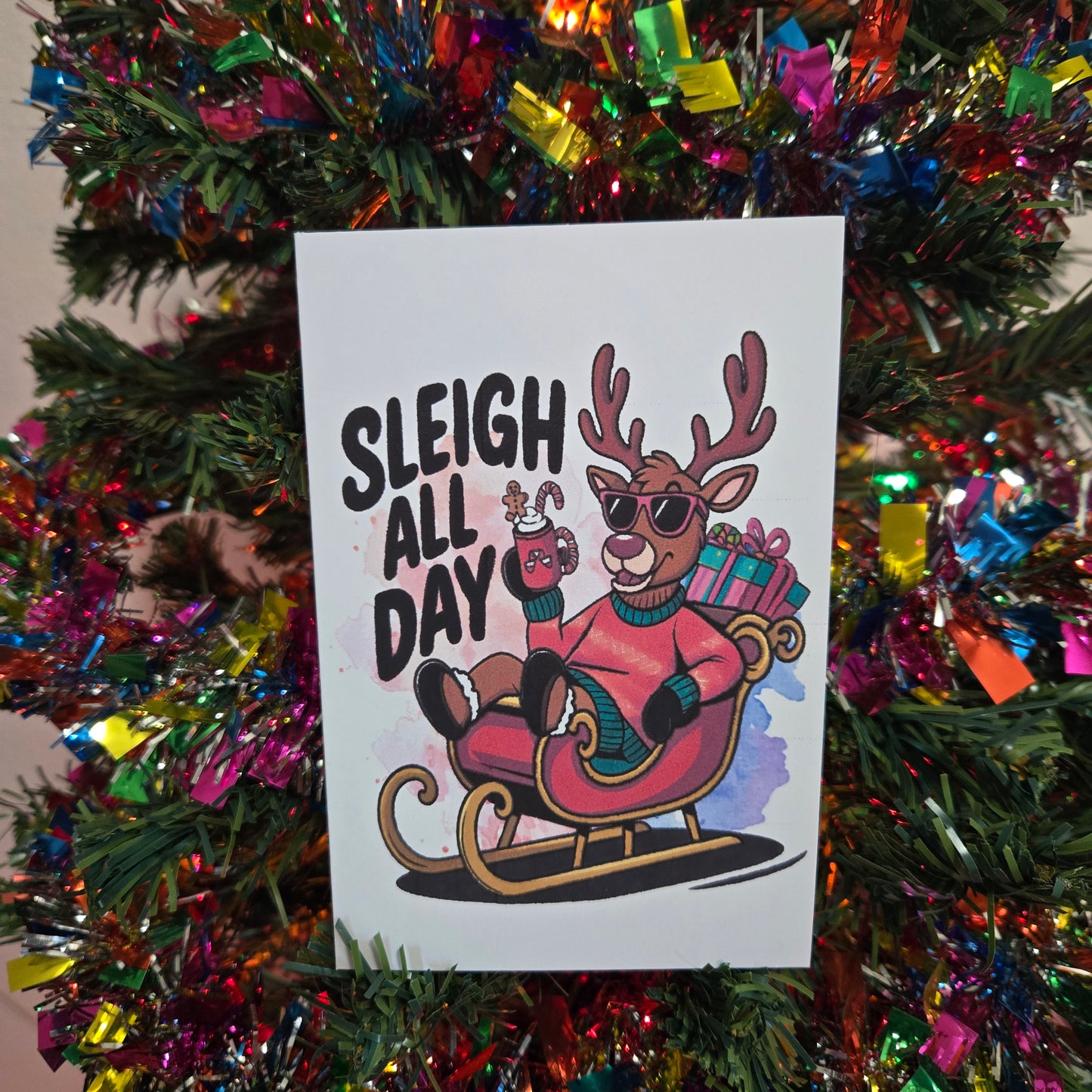 5-Pack Reindeer Sleigh All Day Christmas Cards – 4x6 with Envelopes & Stickers