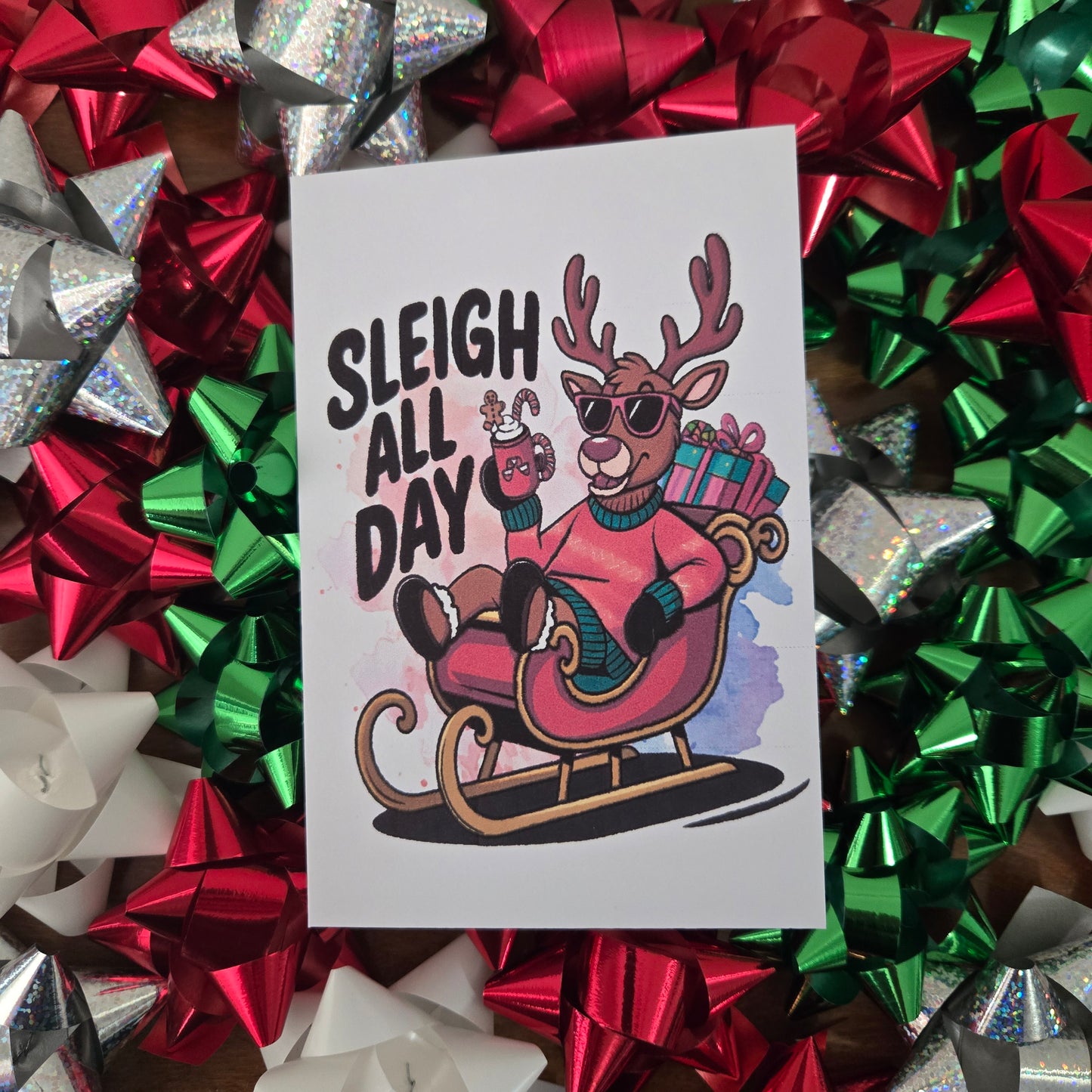 5-Pack Reindeer Sleigh All Day Christmas Cards – 4x6 with Envelopes & Stickers