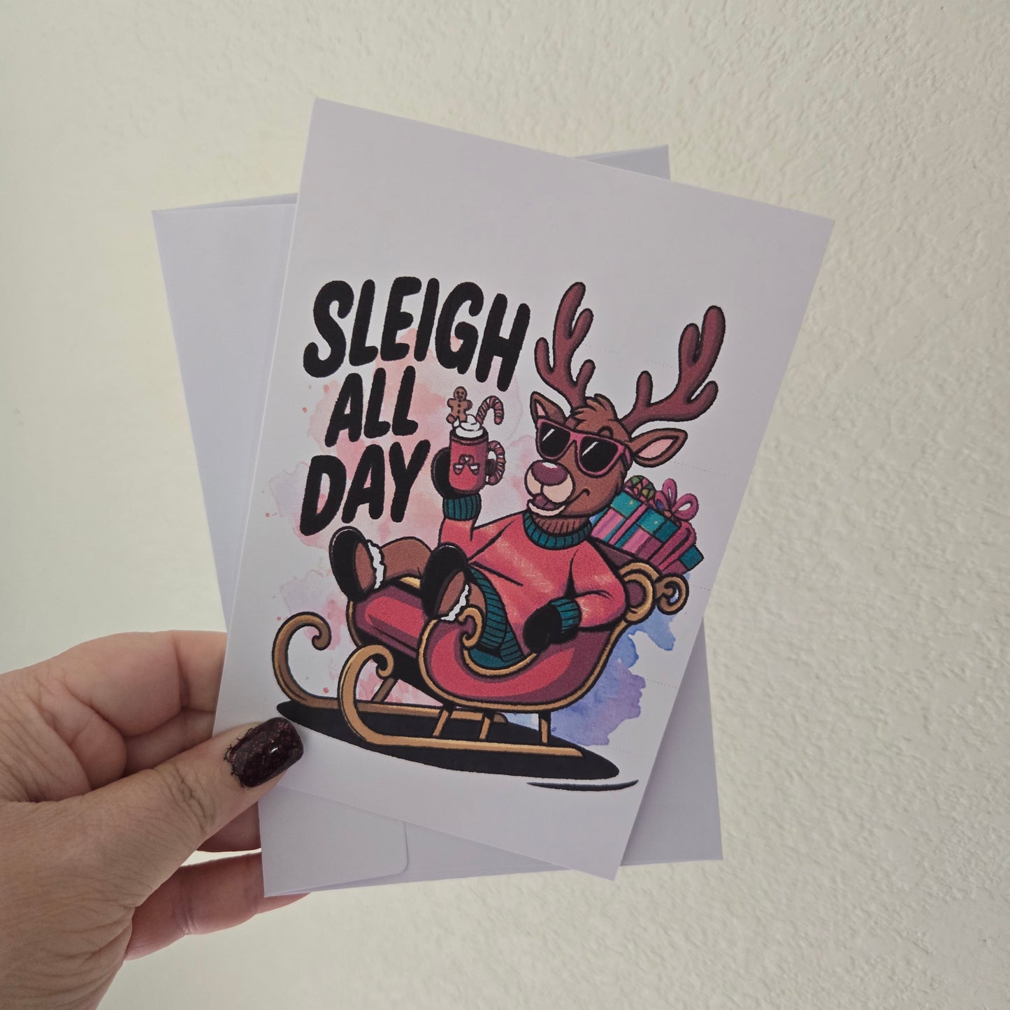 5-Pack Reindeer Sleigh All Day Christmas Cards – 4x6 with Envelopes & Stickers