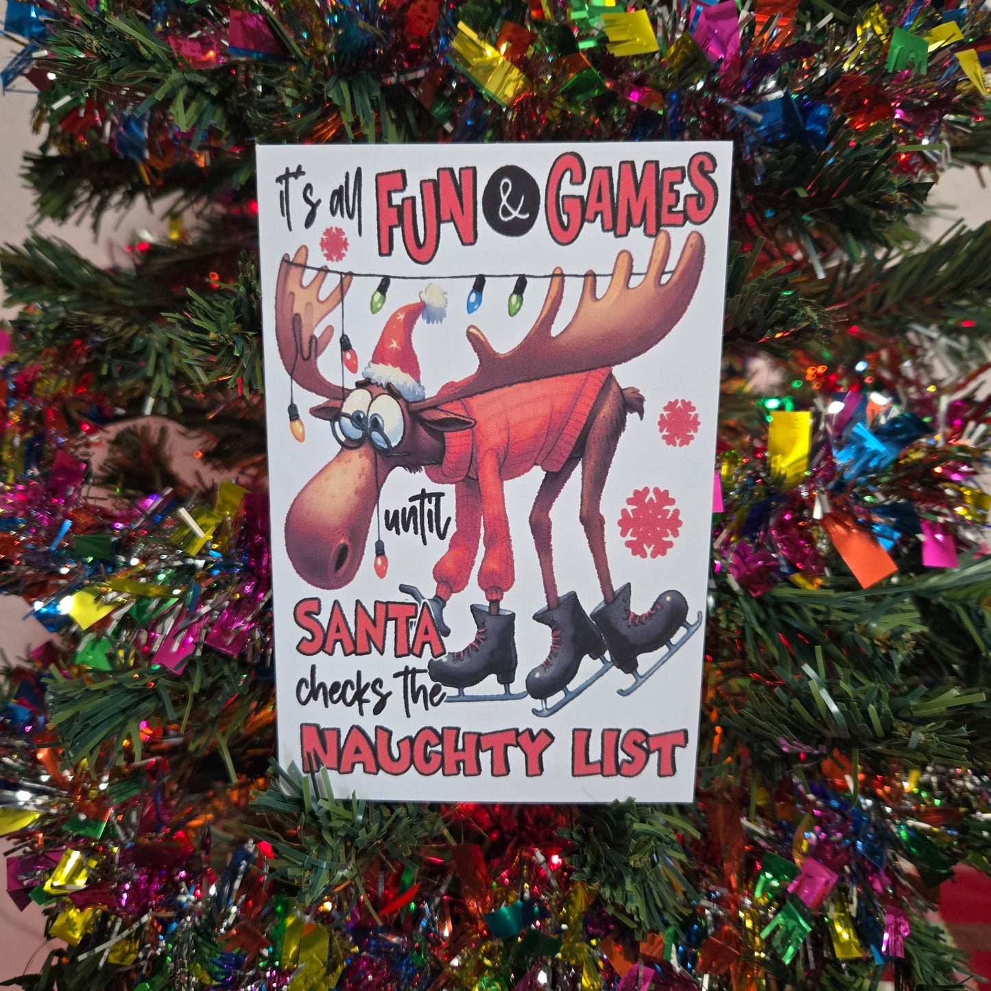 5-Pack Moose "It's All Fun and Games" Christmas Cards – 4x6 with Envelopes & Stickers