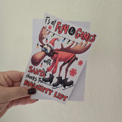 5-Pack Moose "It's All Fun and Games" Christmas Cards – 4x6 with Envelopes & Stickers