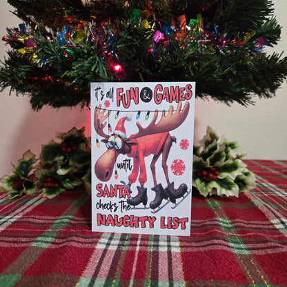 5-Pack Moose "It's All Fun and Games" Christmas Cards – 4x6 with Envelopes & Stickers