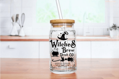 Witches Brew Drink Co. Halloween 16oz Glass Jar Clear or Frosted - Vegas Custom Creations
