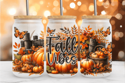 Cute Fall Vibes 16oz Glass Jar Clear or Frosted (Multiple Designs Available) - Vegas Custom Creations
