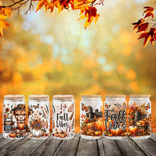Cute Fall Vibes 16oz Glass Jar Clear or Frosted (Multiple Designs Available) - Vegas Custom Creations