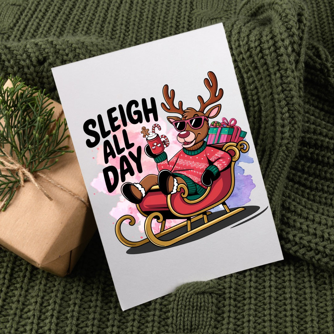 5-Pack Reindeer Sleigh All Day Christmas Cards – 4x6 with Envelopes & Stickers