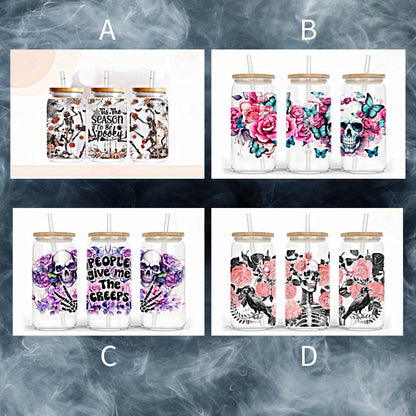Skeleton Halloween 16oz Glass Jar Clear or Frosted (Multiple Designs Available) - Vegas Custom Creations
