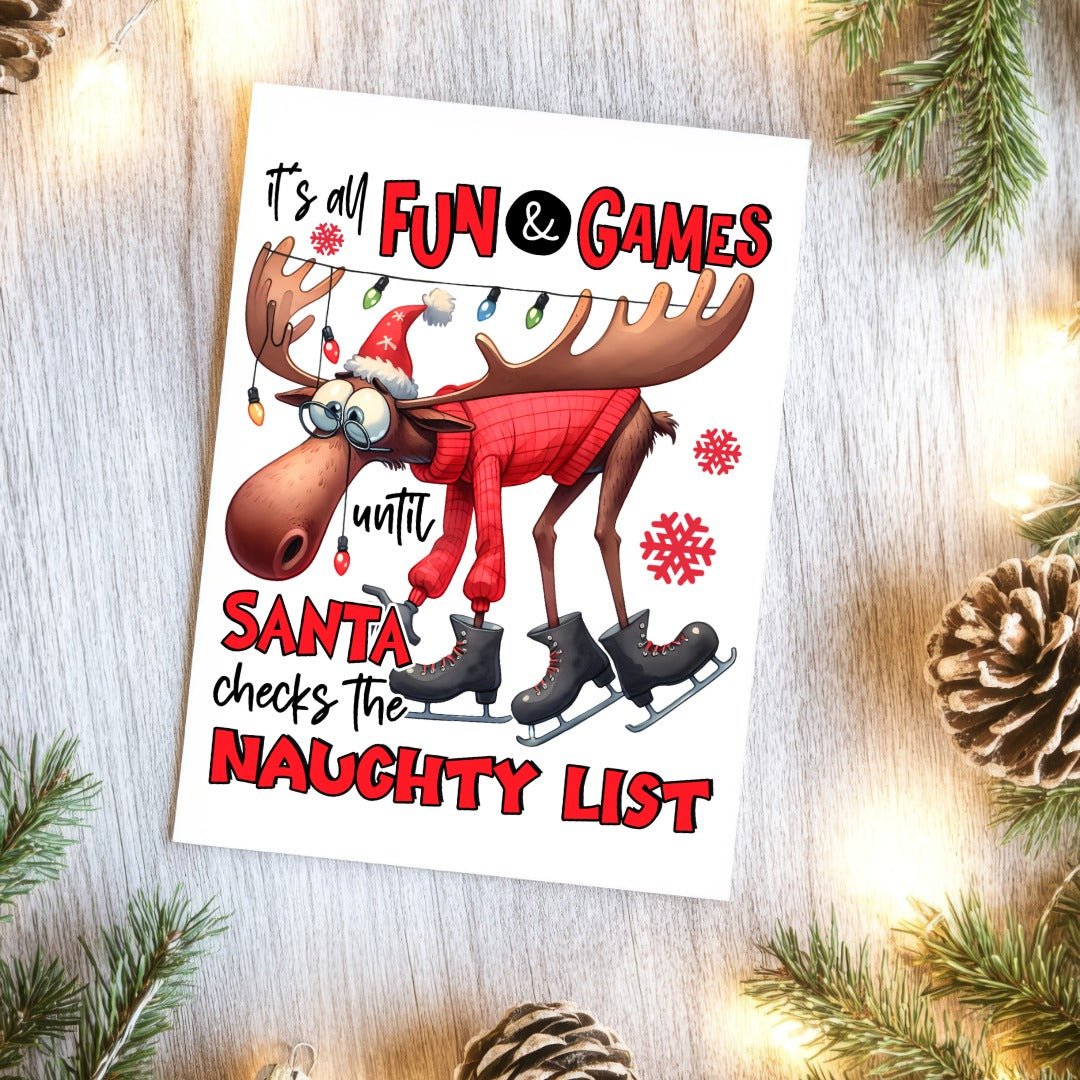5-Pack Moose "It's All Fun and Games" Christmas Cards – 4x6 with Envelopes & Stickers