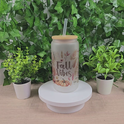Cute Fall Vibes 16oz Glass Jar Clear or Frosted (Multiple Designs Available)