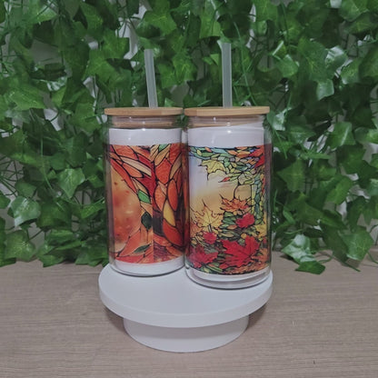 Stained Glass Fall 16oz Glass Jar Clear or Frosted (Multiple Designs Available)